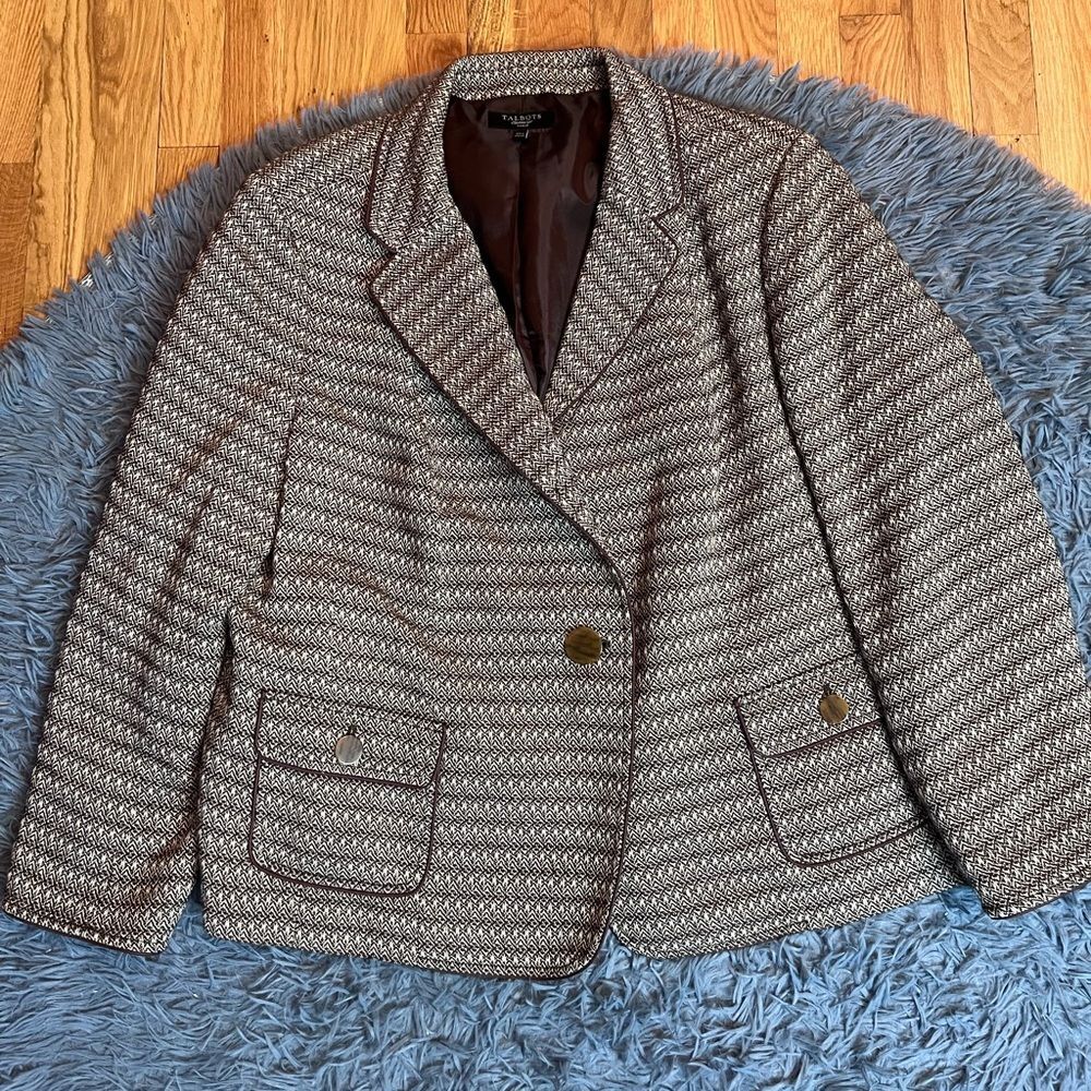 Talbots Tweed Brown Ivory Lined Wool Blend Blazer Jacket Size 22W Workwear